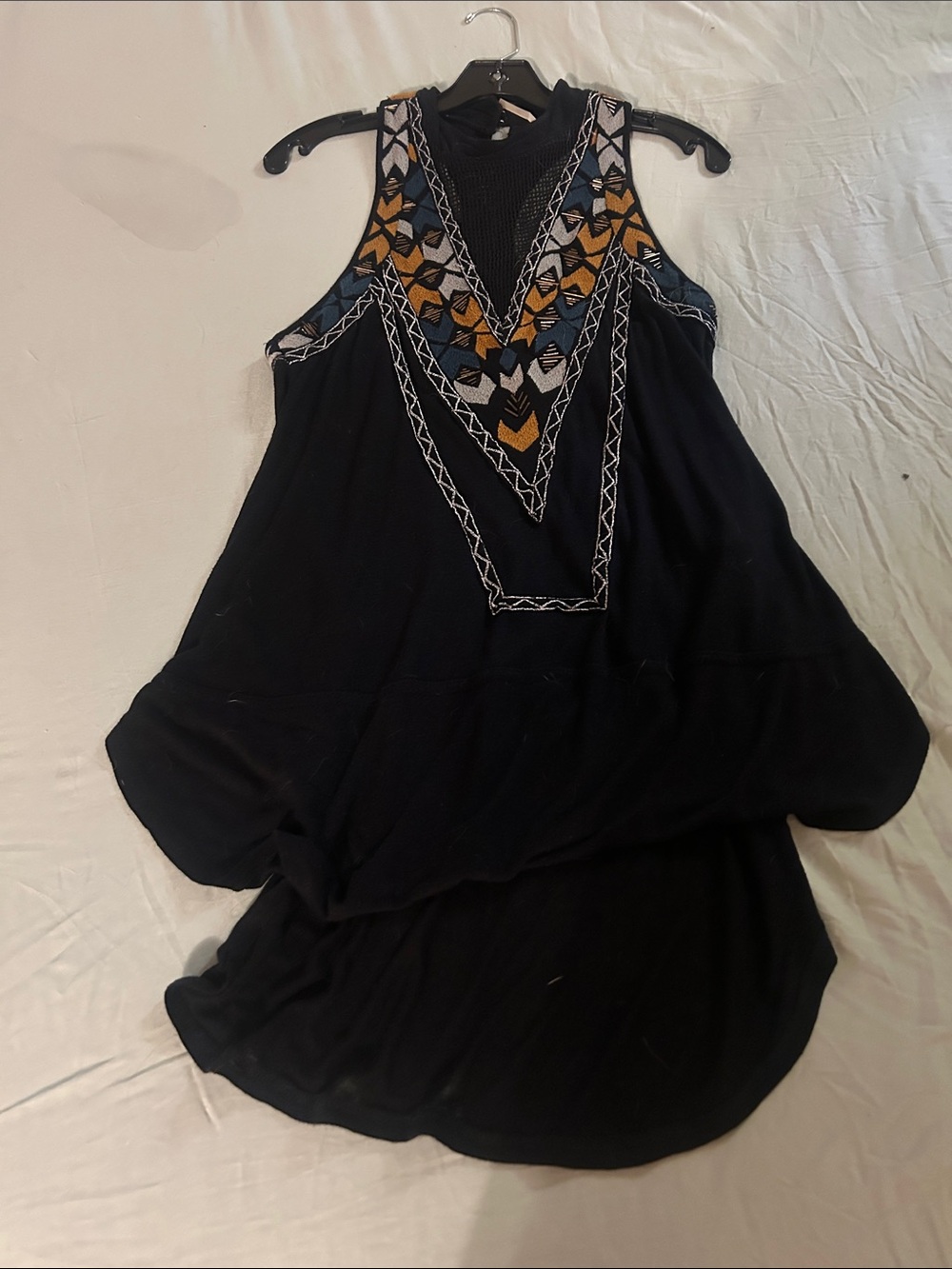 Free People Black Tank Top with  Multicolor Embroidered V-Neck sz fits bigger